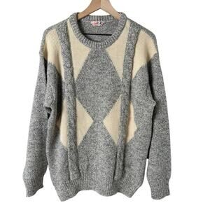 Vintage Silvy Tricot Italian Wool Chunky Knit Crewneck Sweater in Gray Cream, XL